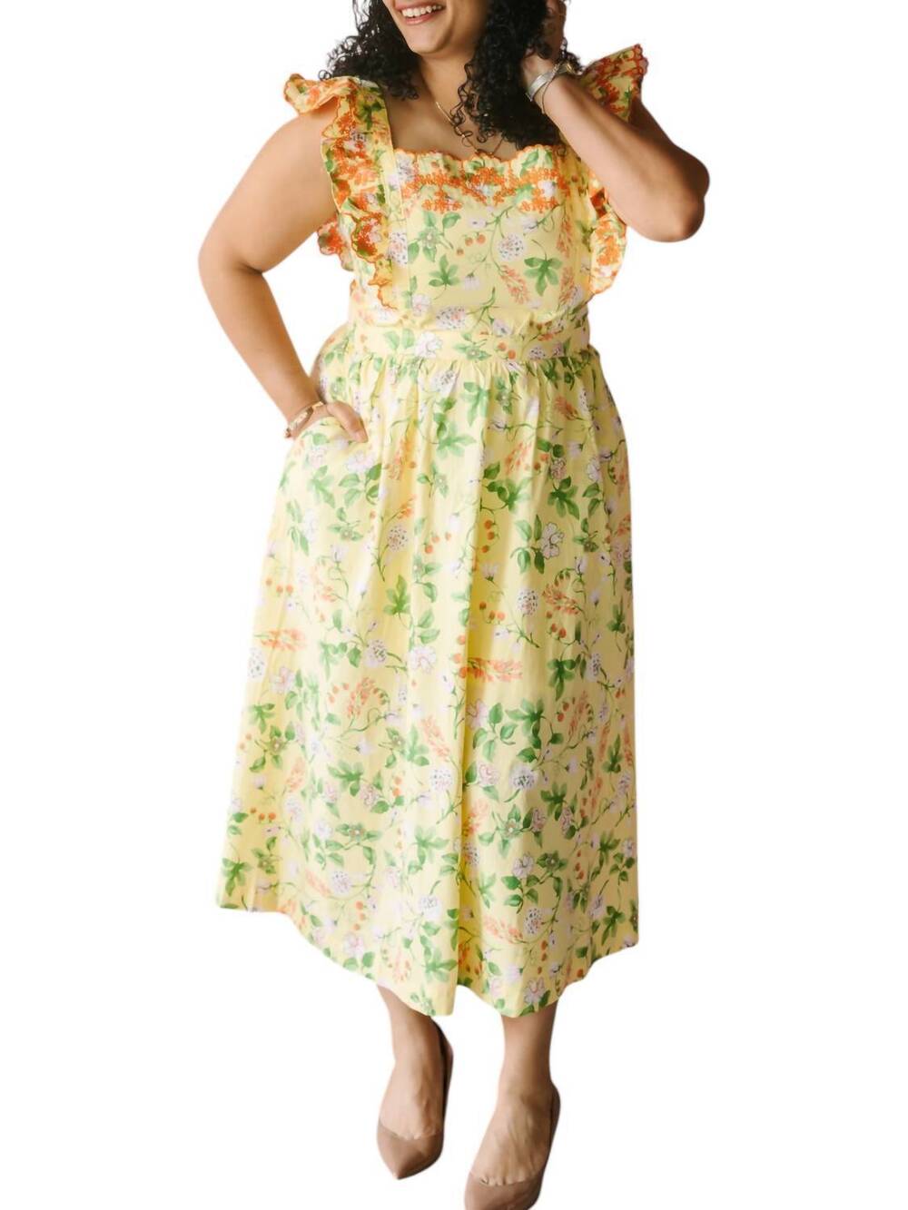 NEW &MERCI lemon ruffled floral midi dress in yellow